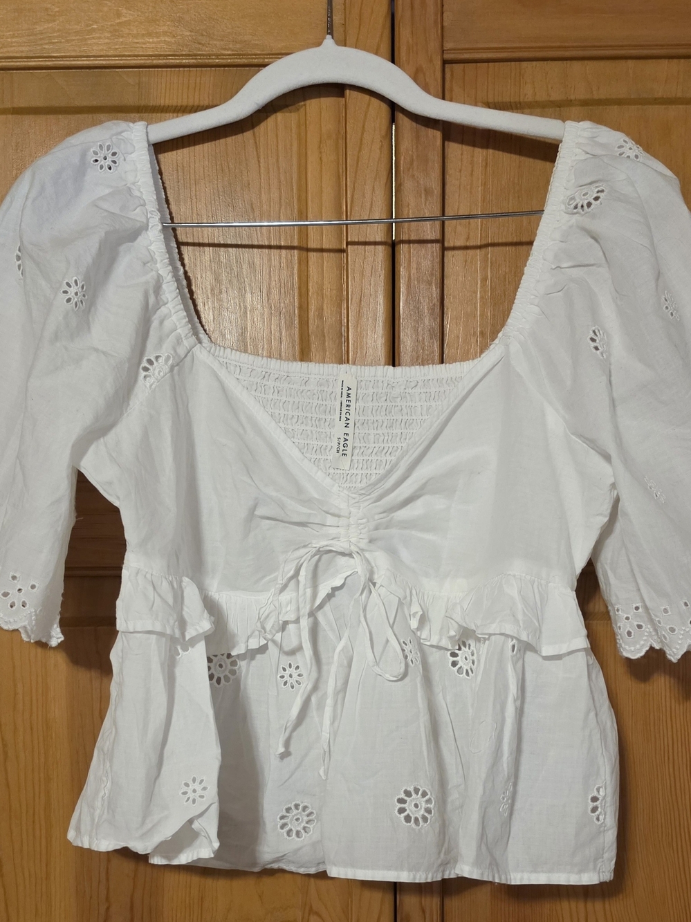 American Eagle Outfitters White Eyelet Tie-Front Peplum Blouse